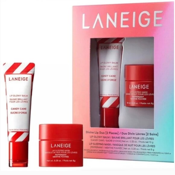Laneige Peppermint Candy Cane Lip Set Duo Lip Sleep Mask and Lip Glossy Balm
